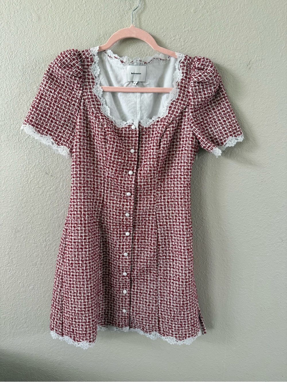 Reformation Red Tweed Mini Dress with White Lace Trim - Picture 3 of 5